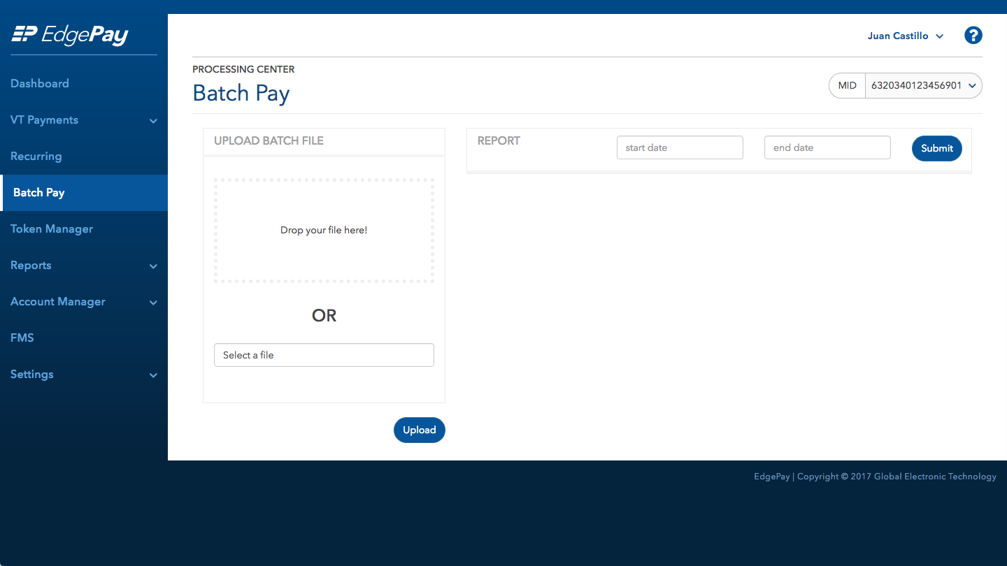 Screenshot of the BatchPay Upload screen in EdgePay
