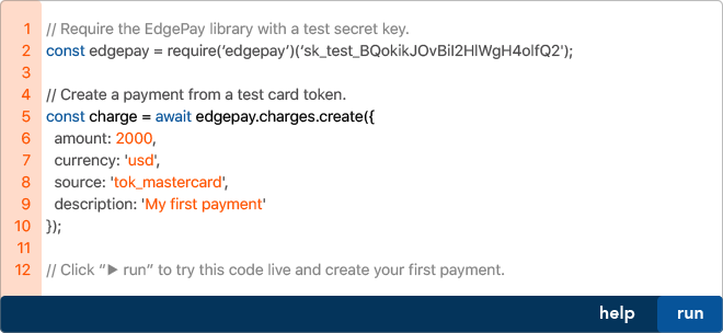 Example of EdgePay API code
